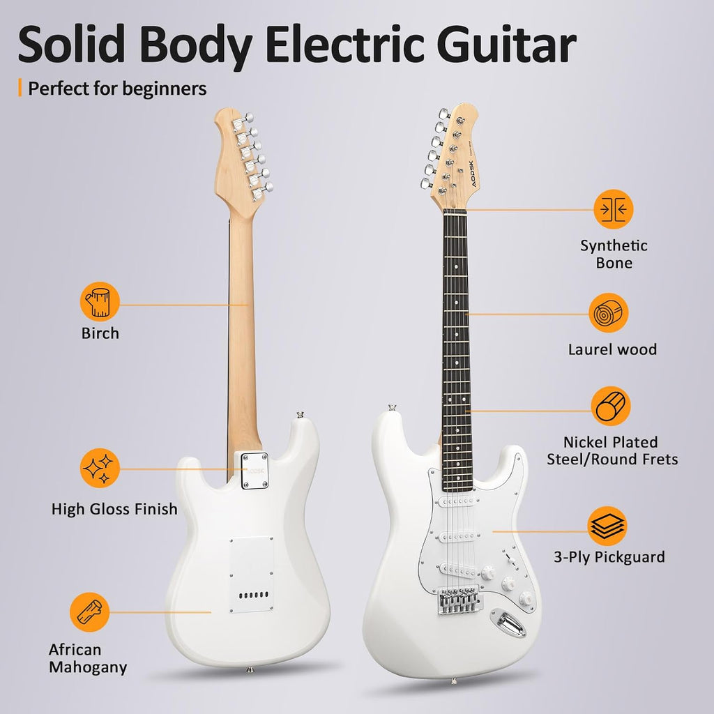 AODSK Electric Guitar with Amp Beginner Kit 39 Inch Solid Body Full Size,All Accessories,Digital Tuner,Six Strings,Four Picks,Tremolo Bar,Strap,Gig Bag,Starter kit (White-HSS)