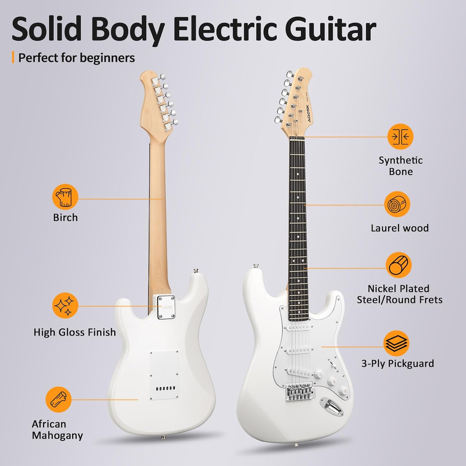 AODSK Electric Guitar with Amp Beginner Kit 39 Inch Solid Body Full Size,All Accessories,Digital Tuner,Six Strings,Four Picks,Tremolo Bar,Strap,Gig Bag,Starter kit (White-HSS)