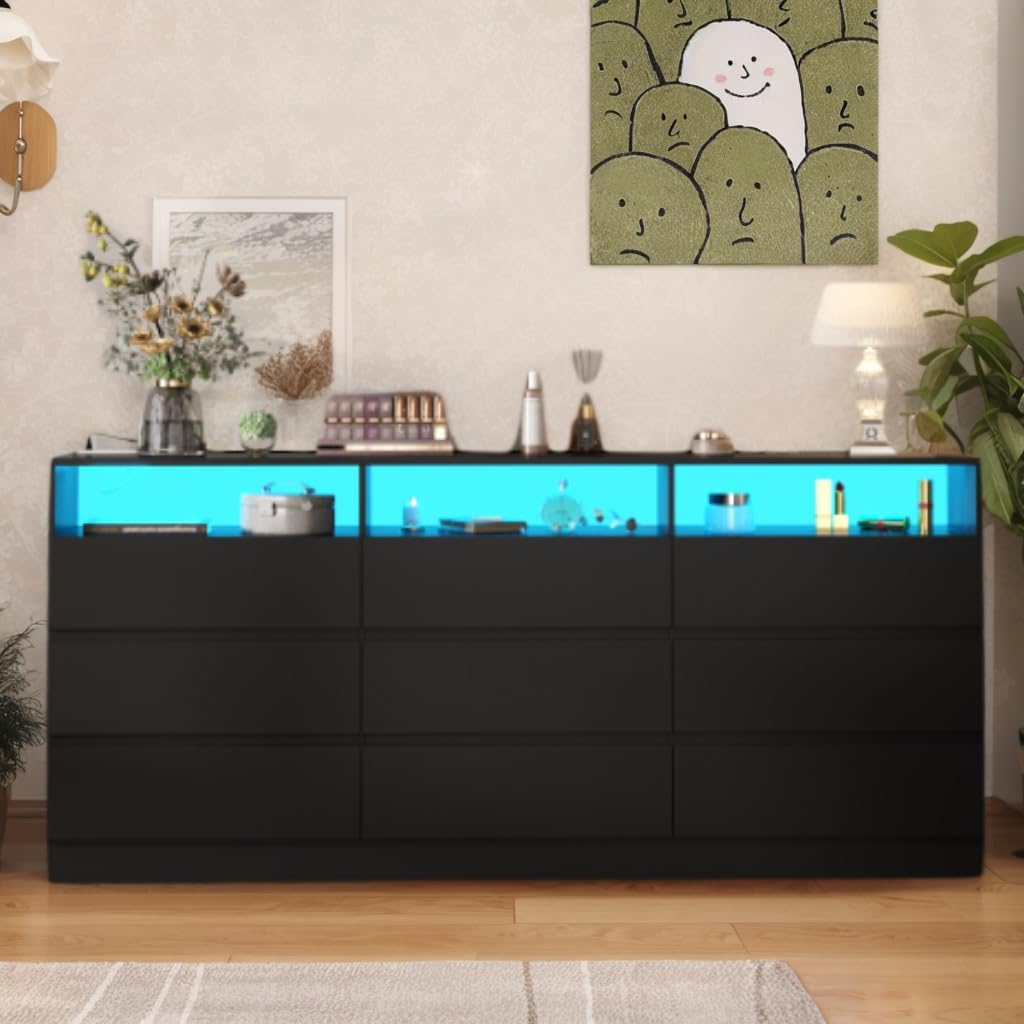 Auromie 9 Drawers Dresser, Double Modern Chest of Drawers with Power Outlet, Dresser TV Stand with Led Light Strip, Drawer Organizer for Bedroom, Living Room, Hallway (Dark Black, 9 Drawer)