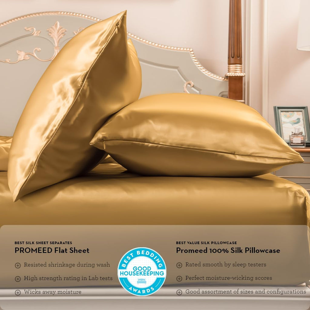PROMEED 100% Mulberry Silk Fitted Sheet Set, 23 Momme Deep Pocket Natural Silk Fitted Sheet and Pillowcase Set for Twin XL Size Bed, 2pcs (Gold, Twin XL)