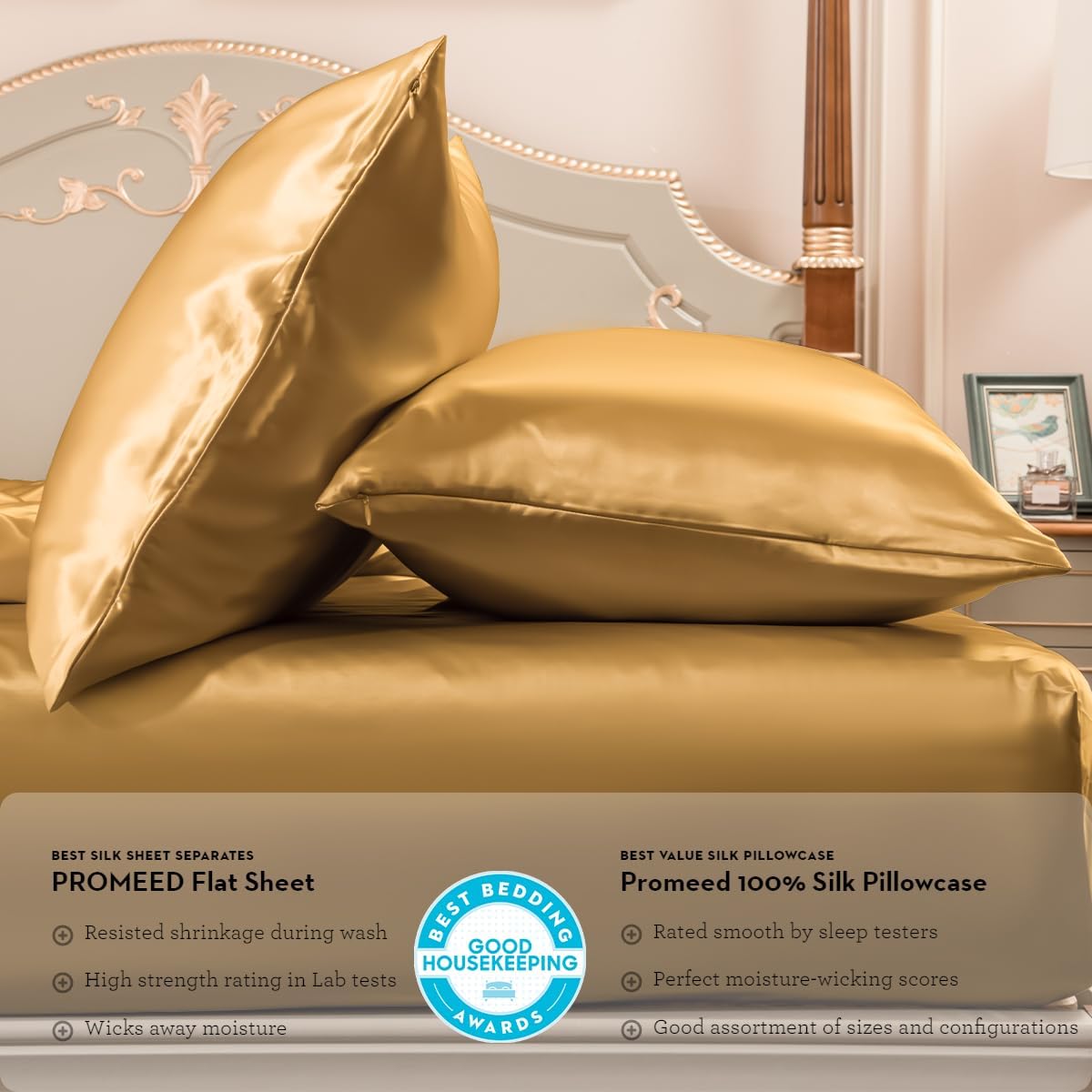 PROMEED 100% Mulberry Silk Fitted Sheet Set, 23 Momme Deep Pocket Natural Silk Fitted Sheet and Pillowcase Set for Twin XL Size Bed, 2pcs (Gold, Twin XL)