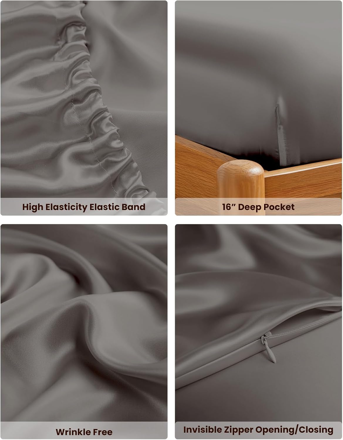 THXSILK 100% Mulberry Silk Bed Sheets Set - 4pcs Pure Silk Sheets Set - Flat Sheet, 16' Deep Pocket Fitted Sheet, 2 Pack Silk Pillowcase with Zipper Closure - Queen Size, Dark Grey