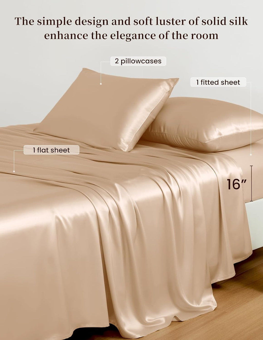 THXSILK 100% Mulberry Silk Bed Sheets Set - 4pcs Pure Silk Sheets Set - Flat Sheet, 16' Deep Pocket Fitted Sheet, 2 Pack Silk Pillowcase with Zipper Closure - Queen Size, Beige