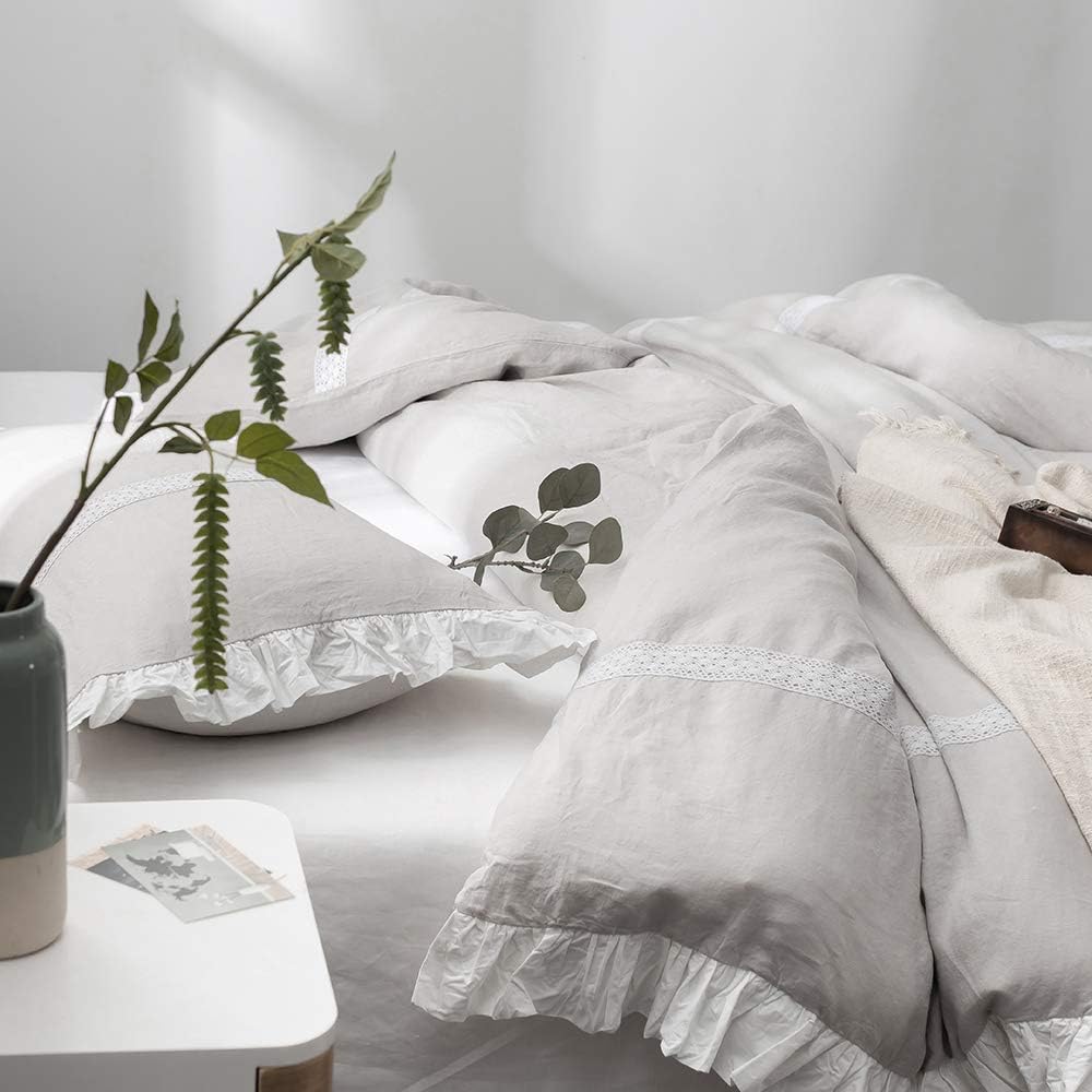 Simple&Opulence 100% Linen Duvet Cover Set (104'x92') Floral Flax King Size, Shabby Chic Ruffle Edge Lace Insert Decoration, 3 Pcs Farmhouse Bedding-1 Comforter Cover 2 Pillow Shams, Floral Grey