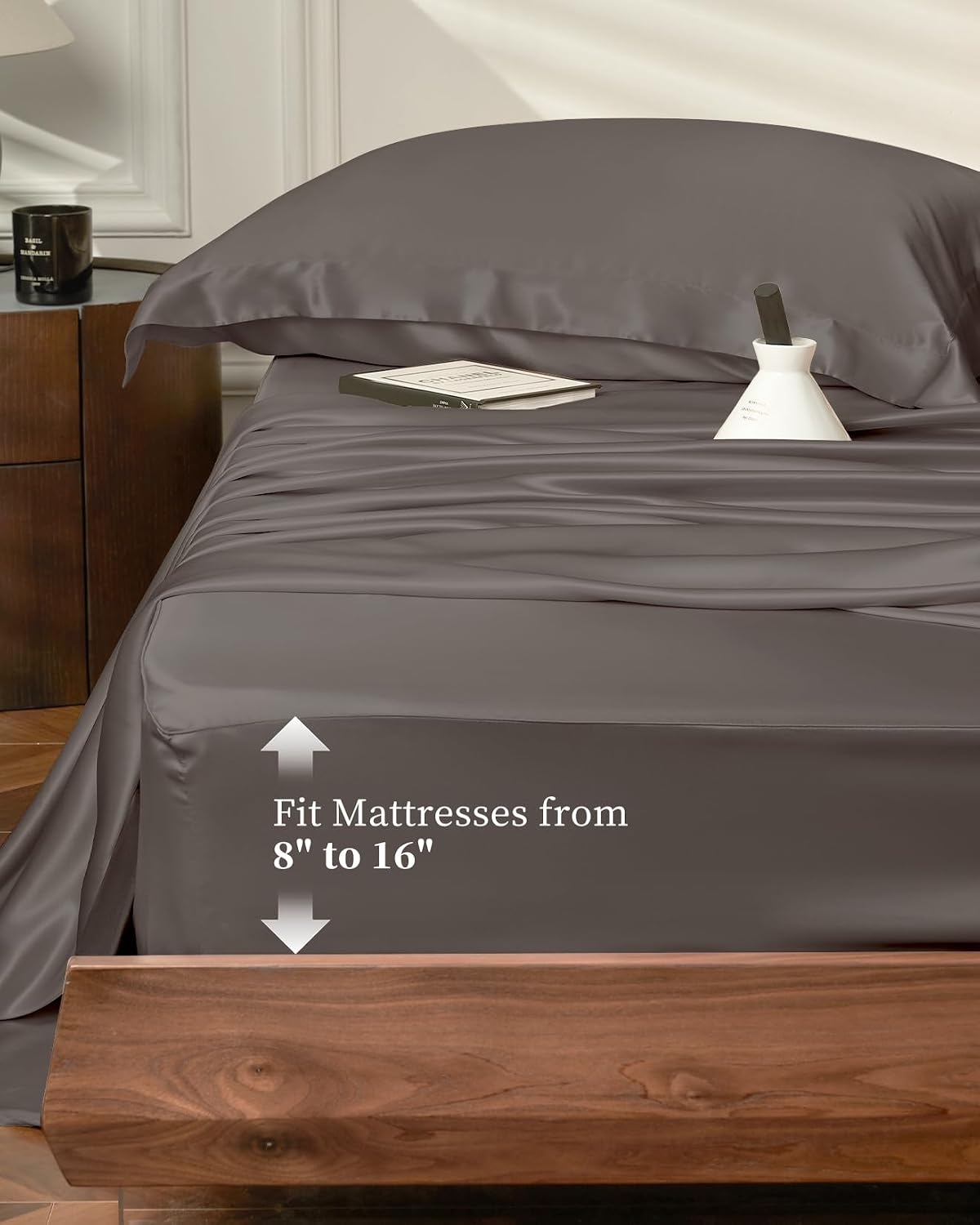 THXSILK 4pcs Silk Bed Sheets Set, 25 Momme Mulberry Silk Bedding Set, Sheets and Pillowcase Set, Extremely Soft and Luxurious (Charcoal, King)