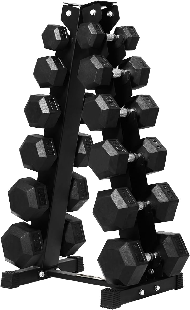 RITFIT Rubber Hex Dumbbells Set with Rack, 180-780LB Heavy-Duty Cast Iron Core, Knurled Chrome Handle, Space-Saving Storage Rack for Home Gym Strength Training
