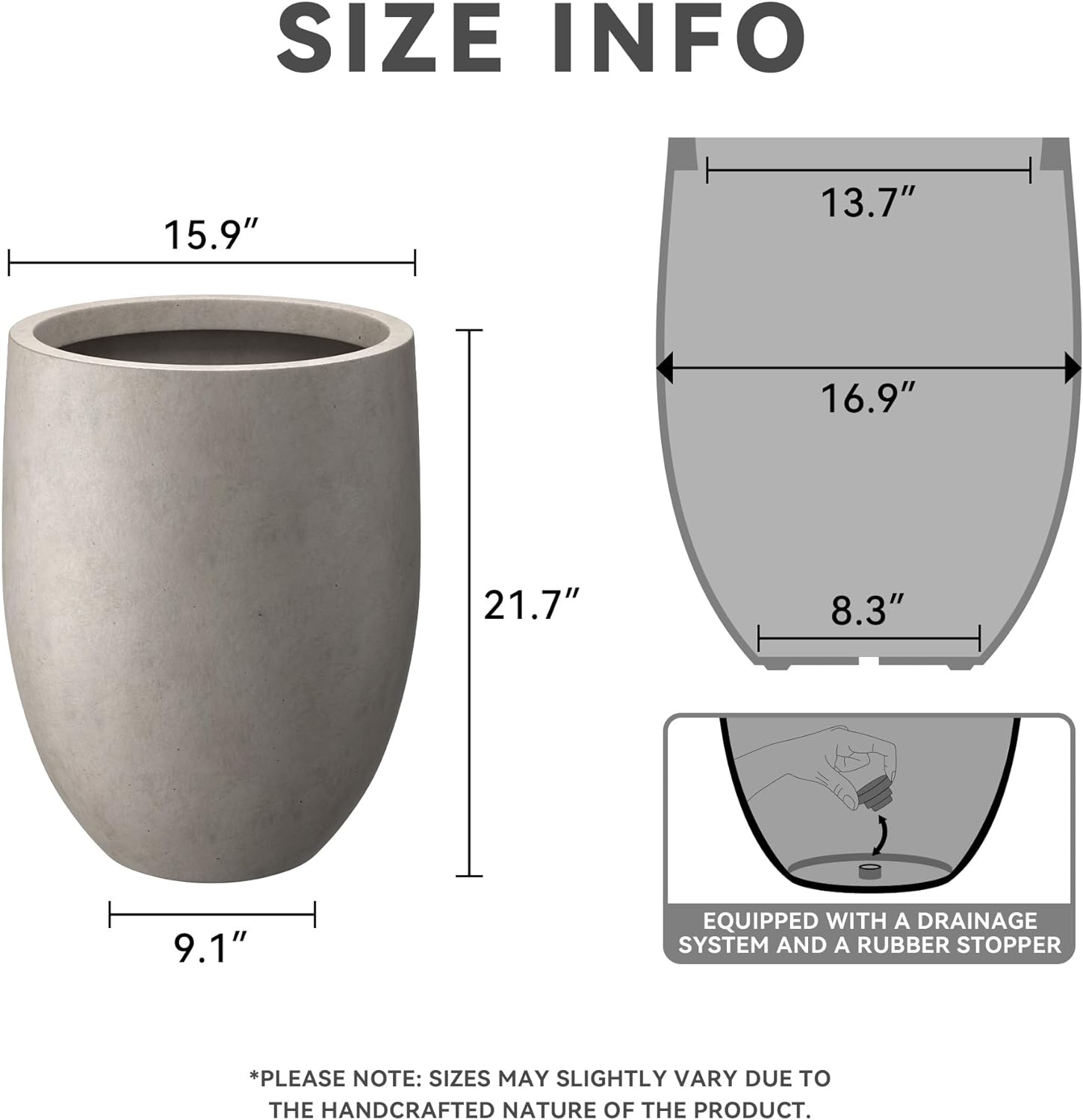 Kante 21.7' H Weathered Concrete Tall Planter, Large Outdoor Indoor Decorative Pot with Drainage Hole and Rubber Plug, Modern Round Style for Home and Garden
