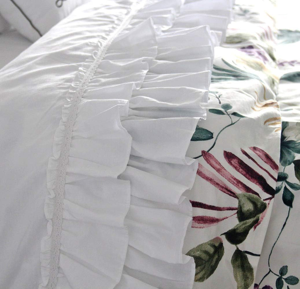 QSH Ruffle Sheets Set Queen Size French Country Lace Bedding 100% Cotton Shabby Vintage Bed Sheet Set 4pcs Deep Pockets Ruffled Bed Sheets
