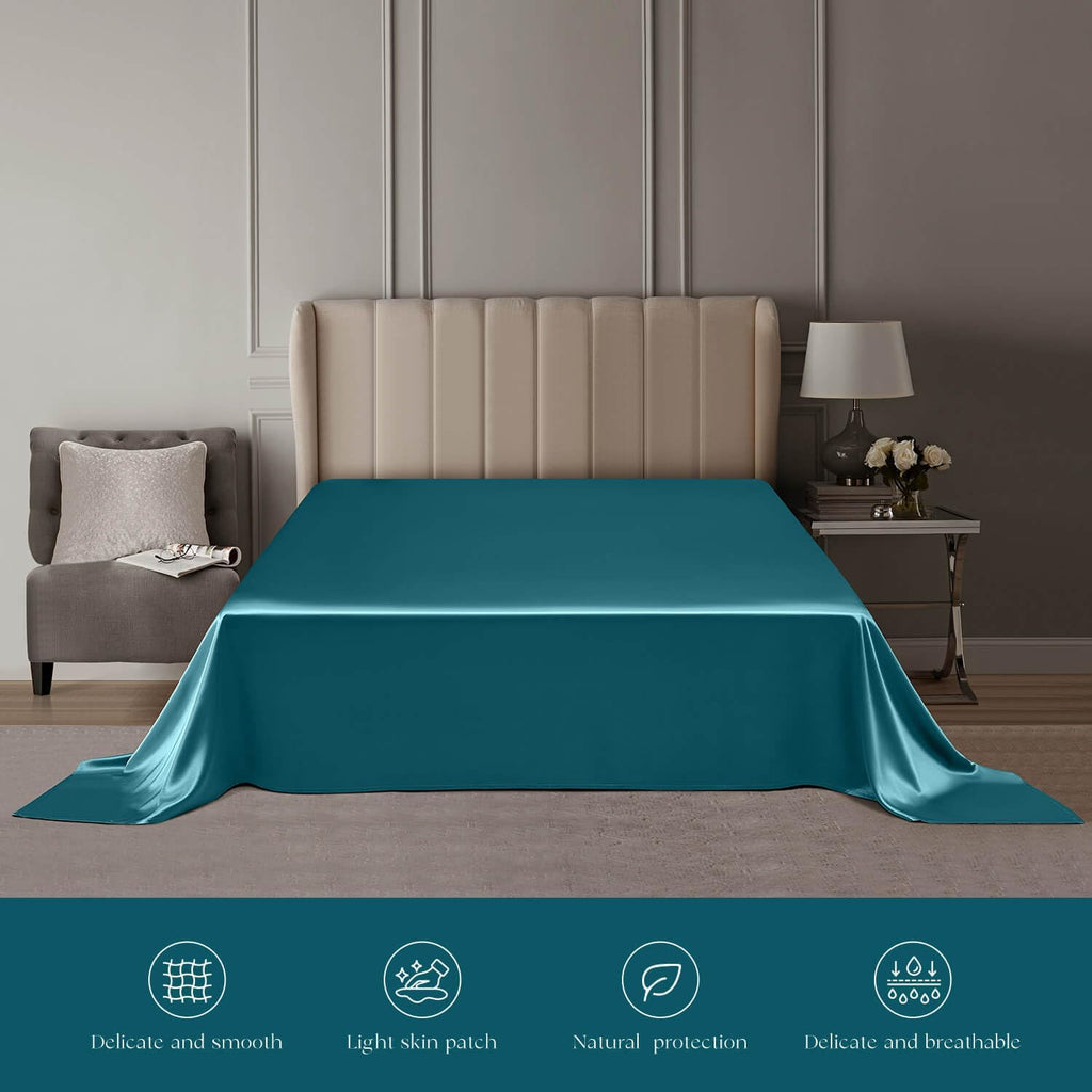 DISANGNI 22 Momme 100% Mulberry Silk Bedding Set - 4-Piece Luxury (2 Pillowcases, 1 Fitted Sheet, 1 Flat Sheet) - 6A Grade Natural Silk (Blue Green, Queen)