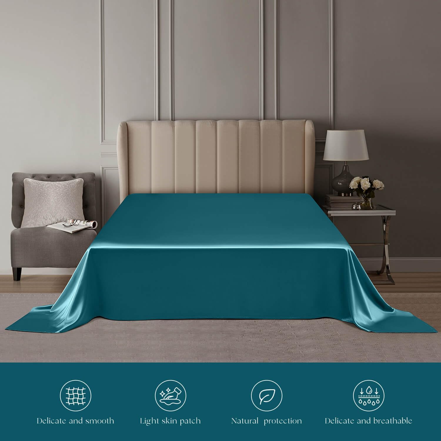 DISANGNI 22 Momme 100% Mulberry Silk Bedding Set - 4-Piece Luxury (2 Pillowcases, 1 Fitted Sheet, 1 Flat Sheet) - 6A Grade Natural Silk (Blue Green, Queen)