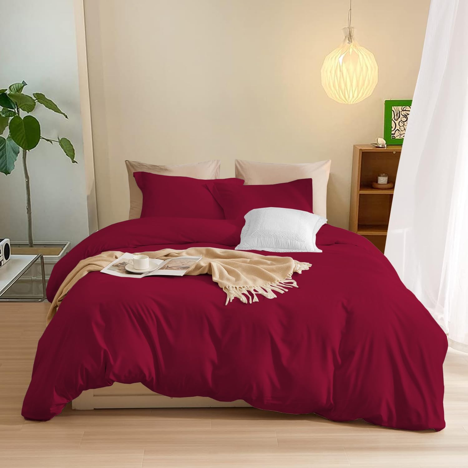 800TC 3 Sided Zipper Duvet Cover Set Soft Egyptian Cotton 3 Sided Zipper Closure, 3 PCS 1-Duvet Cover & 2- Pillow Shams - King-XL Size (98' x 116') Inches, (Solid Burgundy)