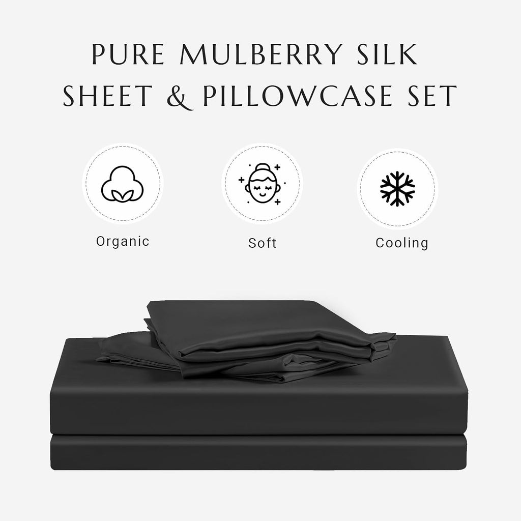 THXSILK 100% Silk Sheet Set, 7A+ Silk Sheet Set Soft Breathable, Luxury Bedding (1 Duvet Cover, 1 Fitted Sheet, 2 Pillow Shams), King, Black