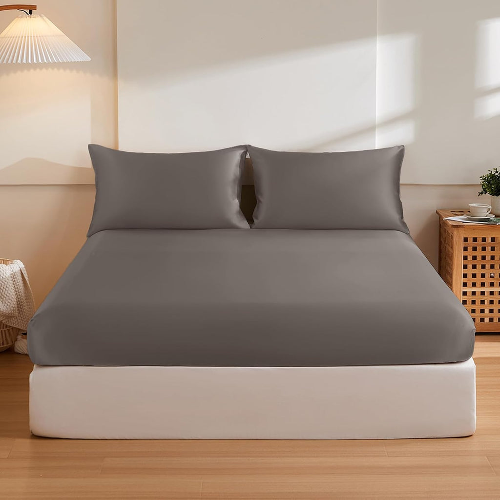 THXSILK 6A+ Top Grade 100% Pure Mulberry Silk King Fitted Sheet 3Pcs Set Bed Sheets Luxury Bedding for Hair and Skin Breathable Natural Materials, 1 Fitted Sheet with 2 Pillowcases, Charcoal
