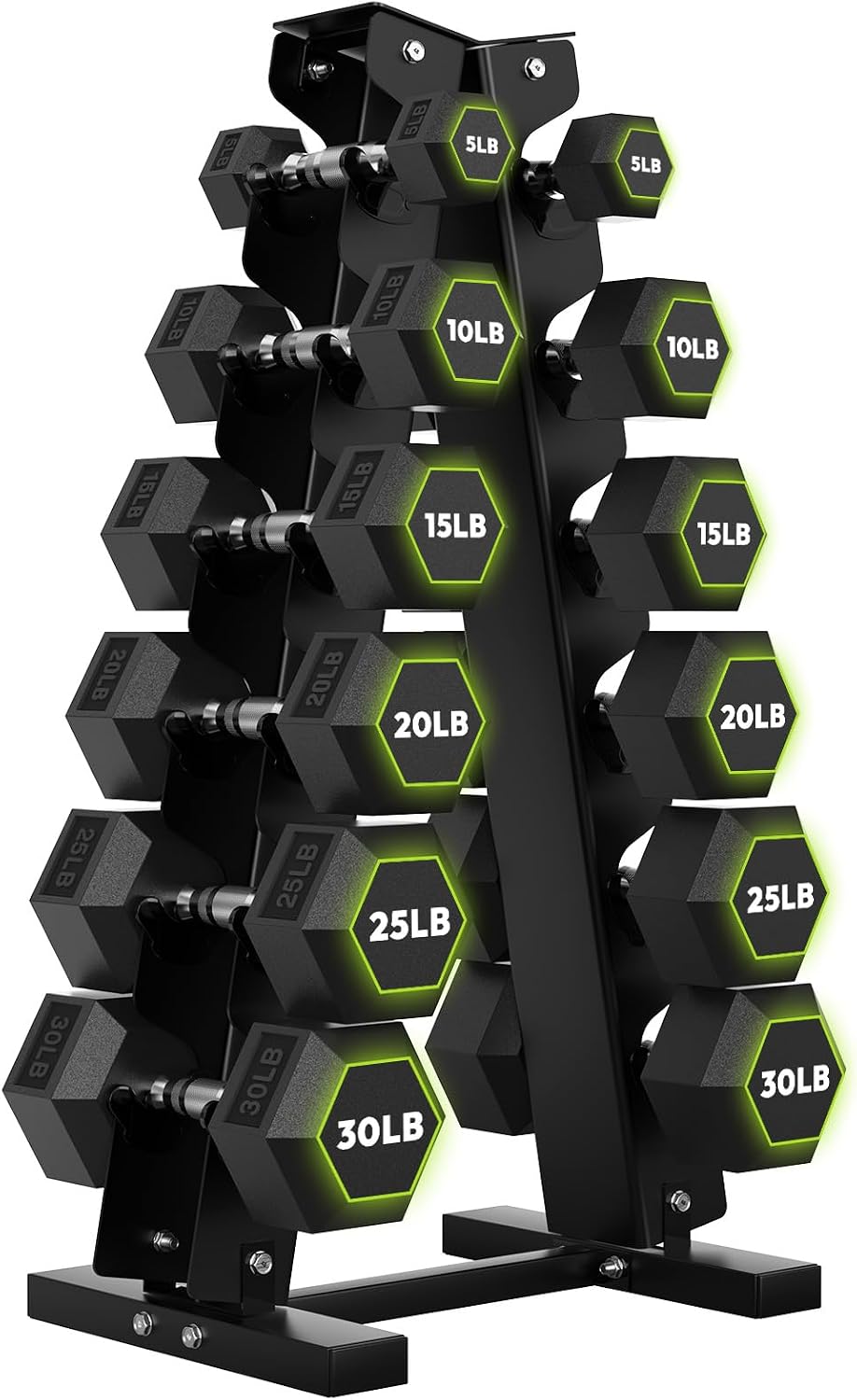 HANDBODE Rubber Coated Hex Dumbbell Set with A-Frame Rack, 100 lb - 550 lb Multiple Options Weight, Hexagon Non-Rolling Shape, Ergonomic Knurled Handle, Home Gym Equipment for Strength Training