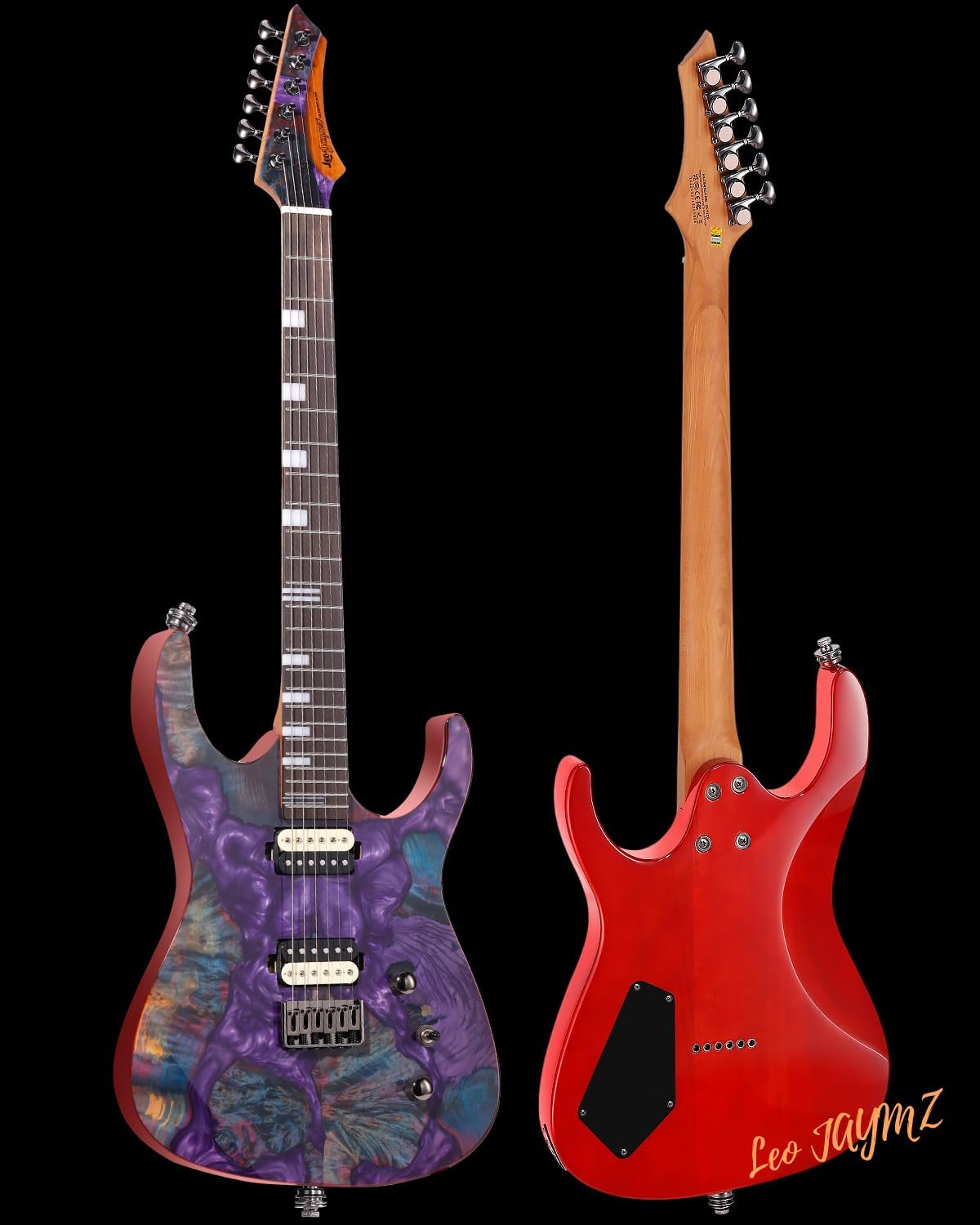 Leo Jaymz Electric Guitar Hurricane Deluxe Series, Burl Top, Mahogany Body, Roasted Maple Neck, Rosewood Fretboard, Locking Tuners, Rounded Frets, Case (Violet Deluxe)