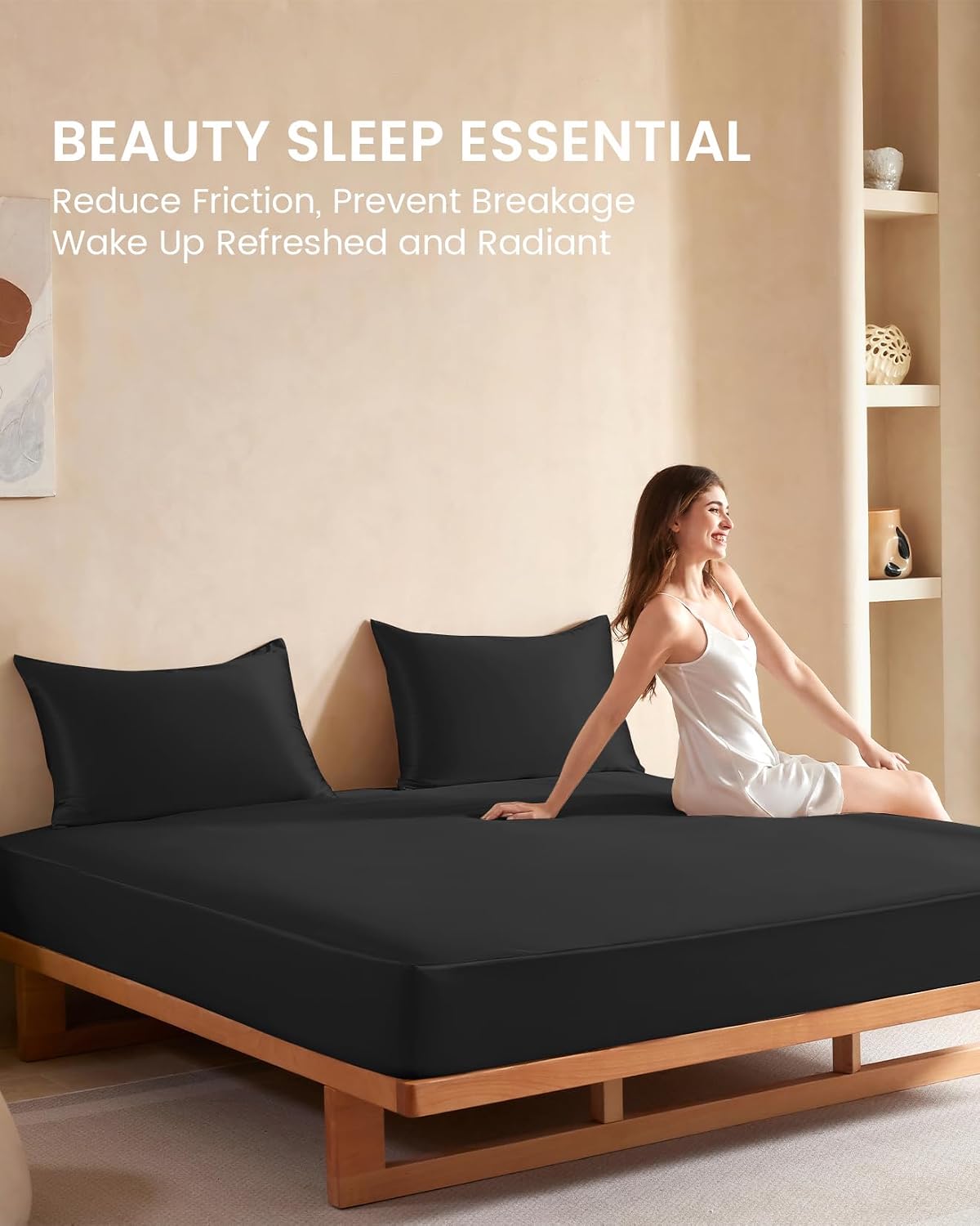 THXSILK Silk Sheet Set 3 Pcs, Full Size Sheet Set, Soft Breathable Bed Sheets with 1 Fitted Sheet, 2 Pillowcases with Zipper Closure, Cooling for Hot Sleeper, Black