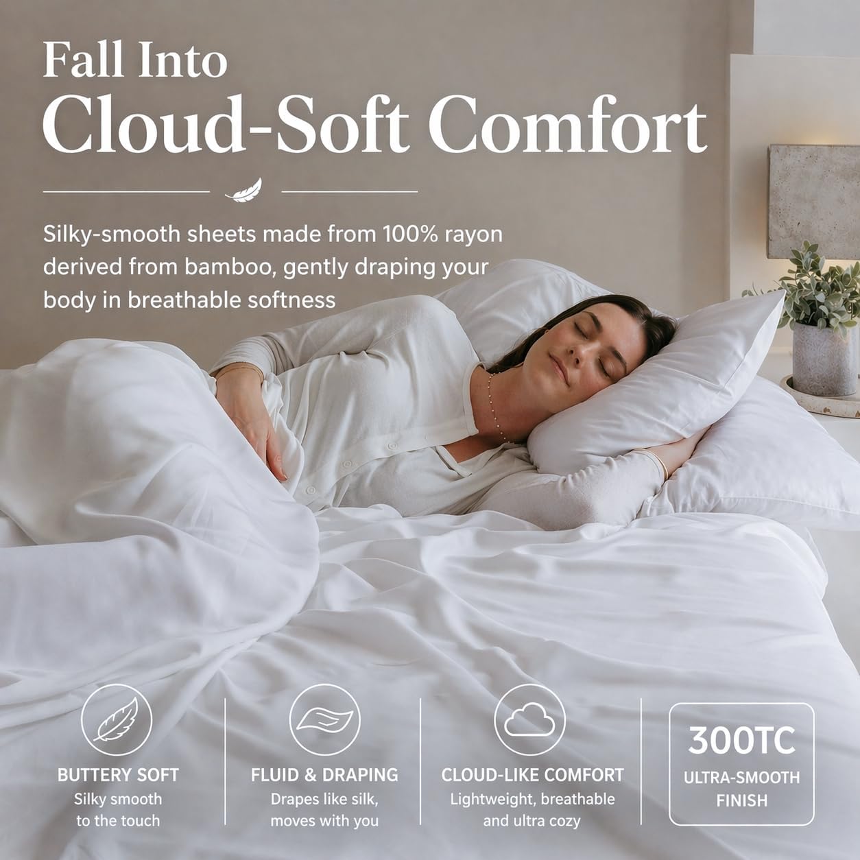 GOKOTTA Queen Size Bed Sheets 4 Piece Set, FSC® Certified Rayon Derived from Bamboo, Luxury Breathable and Silky Soft Sheets, Deep Pocket 16' Fitted Sheet with Elastic Corner Straps -Bright White