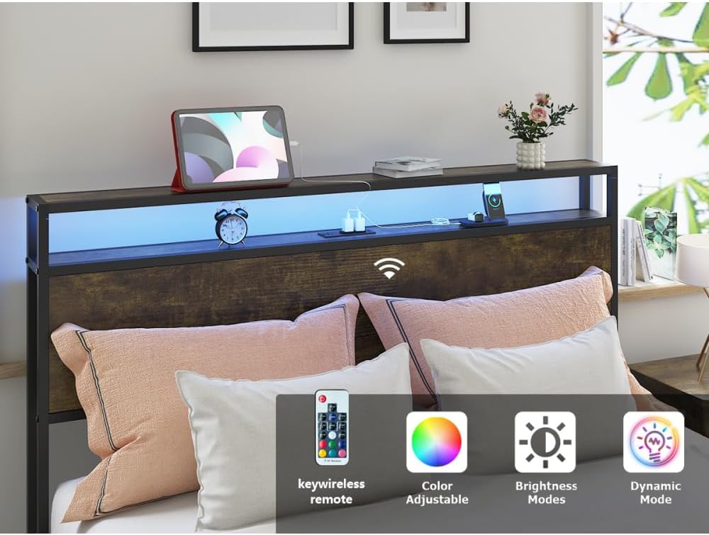 Queen Bed Frame with LED Lights and Charging Station - Robust Metal Wood Construction, Rustic Wood Platform Bed Frame with 2 Drawers, No Box Spring Needed, Noise Free, Vintage Brown, Easy Assemble