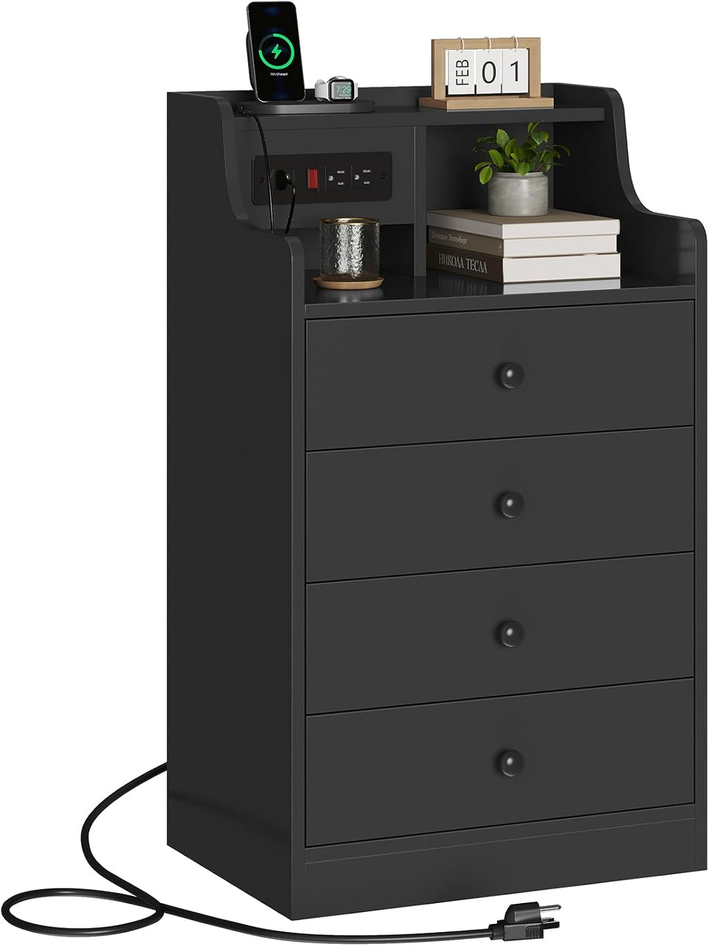 ADORNEVE Black Nightstand Set of 2,Night Stand with Charging Station & Hutch,Bedside Table with 4 Drawers,Large Nightstands Set of 2,Night Stands for Bedrooms,Side Tables Bedroom