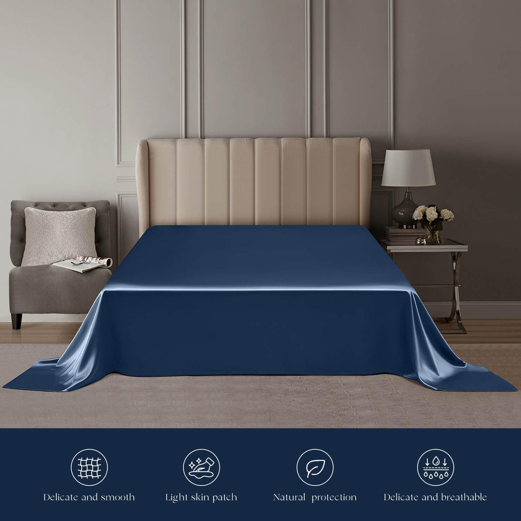 DISANGNI 22 Momme 100% Mulberry Silk Bedding Set - 4-Piece Luxury (2 Pillowcases, 1 Fitted Sheet, 1 Flat Sheet) - 6A Grade Natural Silk (Blue, Queen)