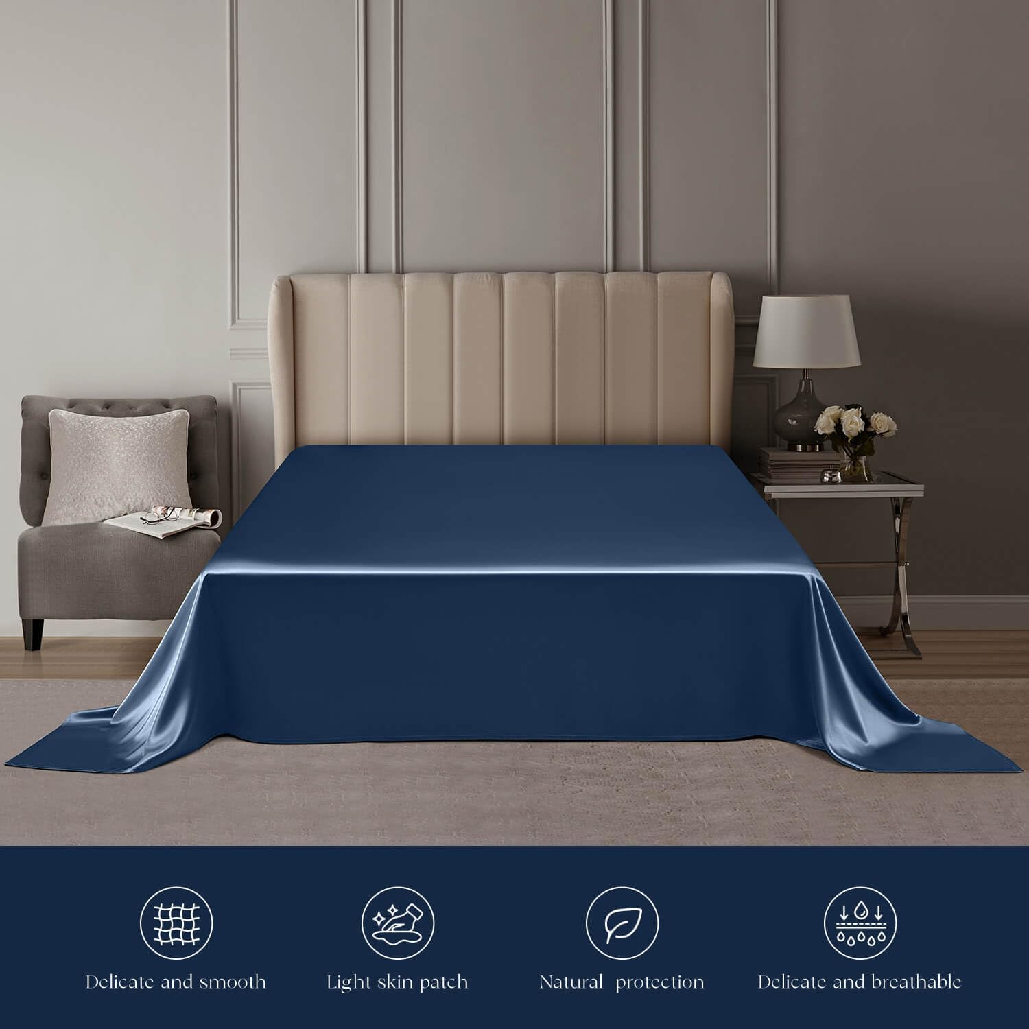 DISANGNI 22 Momme 100% Mulberry Silk Bedding Set - 4-Piece Luxury (2 Pillowcases, 1 Fitted Sheet, 1 Flat Sheet) - 6A Grade Natural Silk (Blue, Queen)