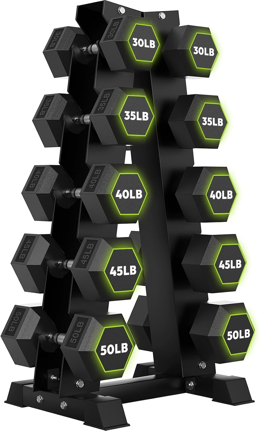 HANDBODE Rubber Coated Hex Dumbbell Set with A-Frame Rack, 100 lb - 550 lb Multiple Options Weight, Hexagon Non-Rolling Shape, Ergonomic Knurled Handle, Home Gym Equipment for Strength Training