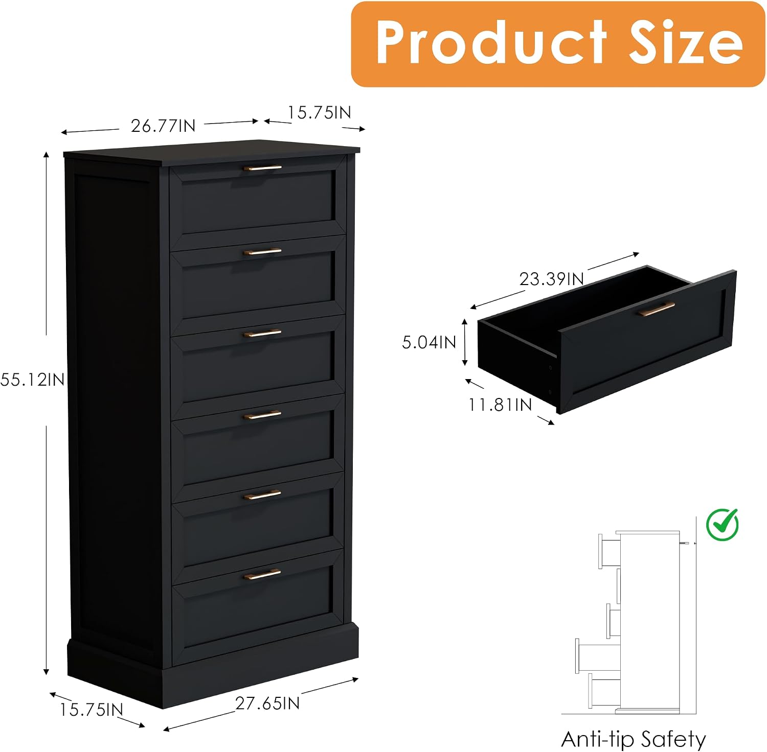 Zamildon's Dresser Bedroom, 55' Tall Dressers for Bedroom with Anti-Tip Device, Black Dresser Modern Storage Closet with Handle for Hallway,Entryway