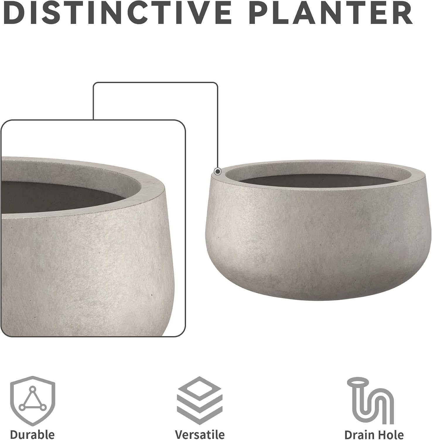 Kante 19.6' Dia Round Concrete Planter, Cement Plant Pots with Drainage Hole and Rubber Plug for Outdoor Indoor Garden Home, Modern Curvaceous Design, Weathered Concrete