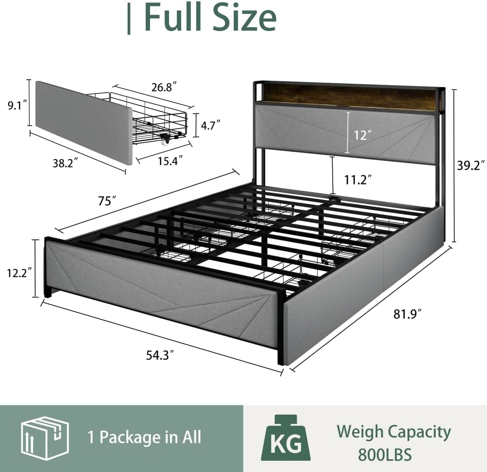 Full Size Bed Frame with 4 Storage Drawers and 2 USB Ports, Upholstered Platform Bed Frame with Storage Headboard Charging Station and Metal Slat Support, No Box Spring Needed, Dark Grey.