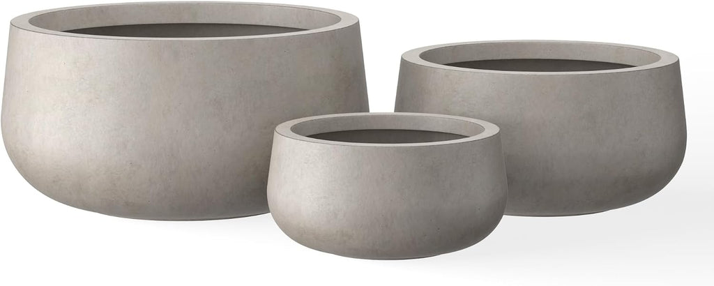 Kante 19.6',15.7',11.8' Dia Round Concrete Planters Set of 3, Outdoor Indoor Large Plant Pots with Drainage Hole, Modern Curvaceous Design, Weathered Concrete