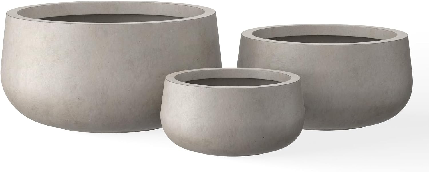 Kante 19.6',15.7',11.8' Dia Round Concrete Planters Set of 3, Outdoor Indoor Large Plant Pots with Drainage Hole, Modern Curvaceous Design, Weathered Concrete