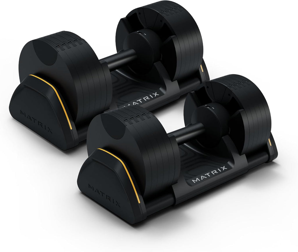 Matrix Fitness DB50 50 lb. Adjustable Dumbbells | Quick Adjustments for Strength and HIIT Training | Replaces 10 Dumbbell Pairs, Flat Bottom Roll Free Design for Safe Storage