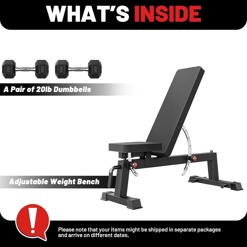 PAPABABE Adjustable Weight Bench with Weight Set, Heavy-Duty Workout Bench with Two-Way Angle Adjustment, Comfortable Extended & Easy-to-Clean Backrest, Transport Wheels & Easy Mobility for Home Gym