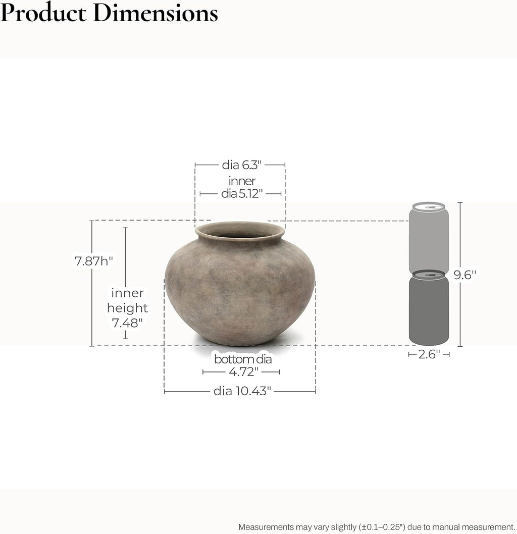 LuxenHome Round Rustic Ceramic Vase, 10' Wide Terracotta Pot with Earthy Gray-Brown Finish, Vintage Decorative Vase for Dining Table Home Decor, Farmhouse Pottery Vases for Shelf Living Room Decor