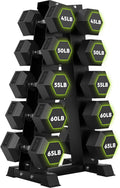 HANDBODE Rubber Coated Hex Dumbbell Set with A-Frame Rack, 100 lb - 550 lb Multiple Options Weight, Hexagon Non-Rolling Shape, Ergonomic Knurled Handle, Home Gym Equipment for Strength Training
