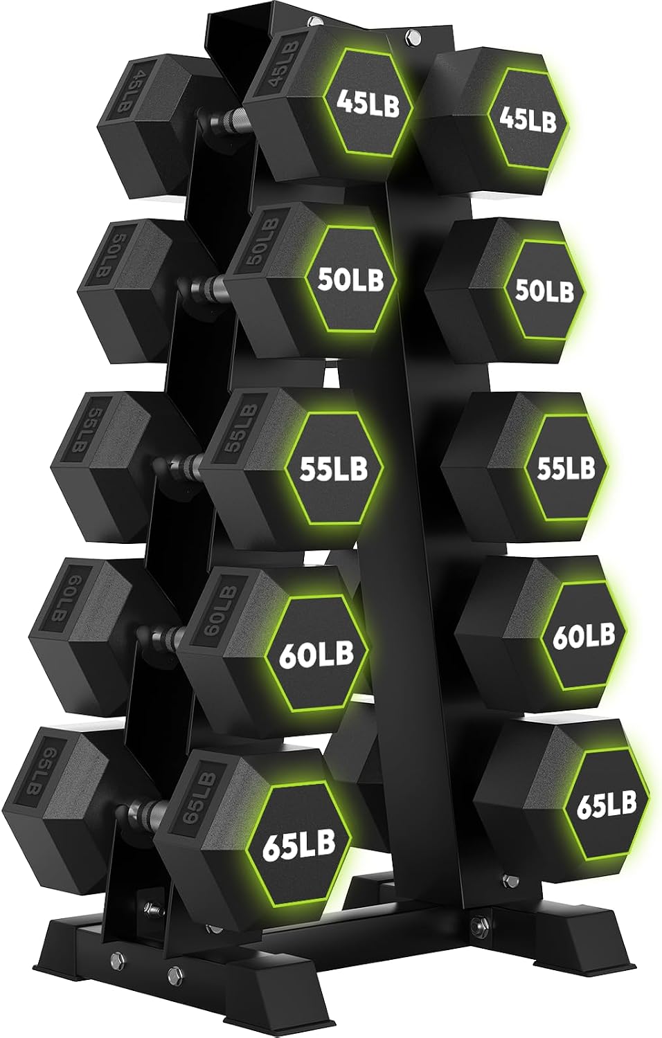 HANDBODE Rubber Coated Hex Dumbbell Set with A-Frame Rack, 100 lb - 550 lb Multiple Options Weight, Hexagon Non-Rolling Shape, Ergonomic Knurled Handle, Home Gym Equipment for Strength Training