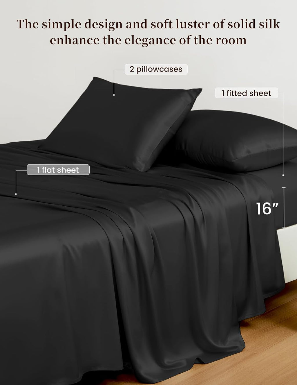 THXSILK 100% Mulberry Silk Bed Sheets Set - 4pcs Pure Silk Sheets Set - Flat Sheet, 16' Deep Pocket Fitted Sheet, 2 Pack Silk Pillowcase with Zipper Closure - Queen Size, Black