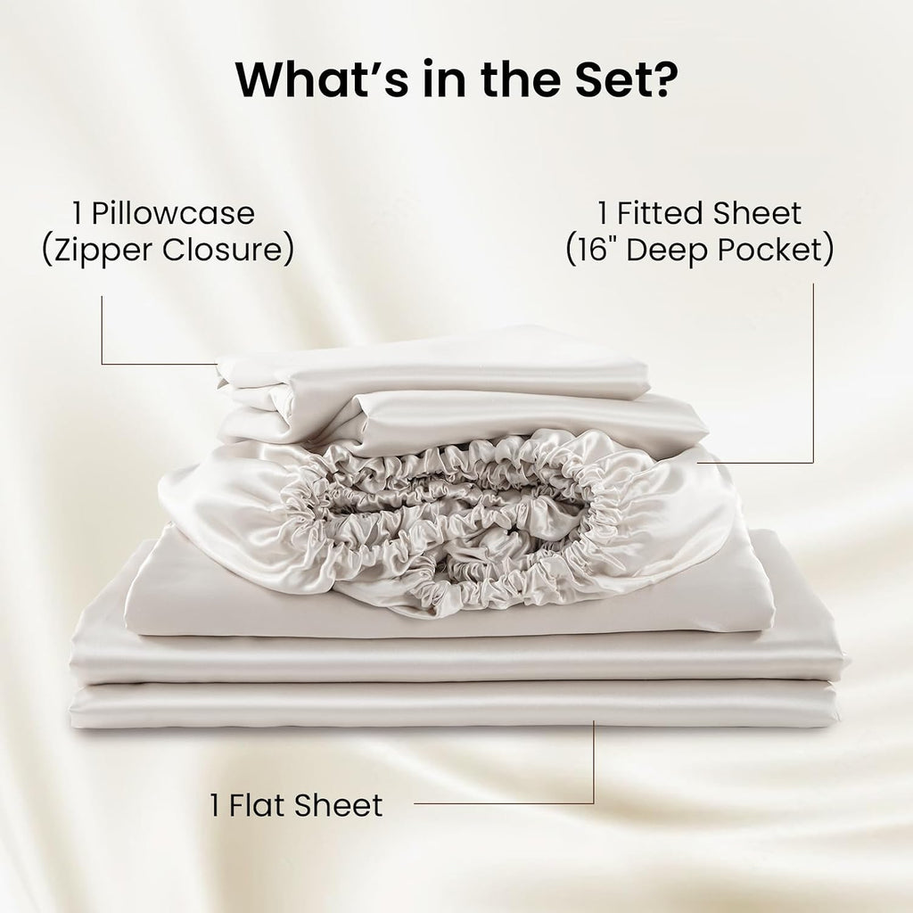 THXSILK Luxury Mulberry Silk Bed Sheets Set - 3pcs Silk Sheets Set 16' Deep Pocket - 1 Fitted Sheet, 1 Flat Sheet, 1 Pillowcase with Zipper Closure - Twin, White