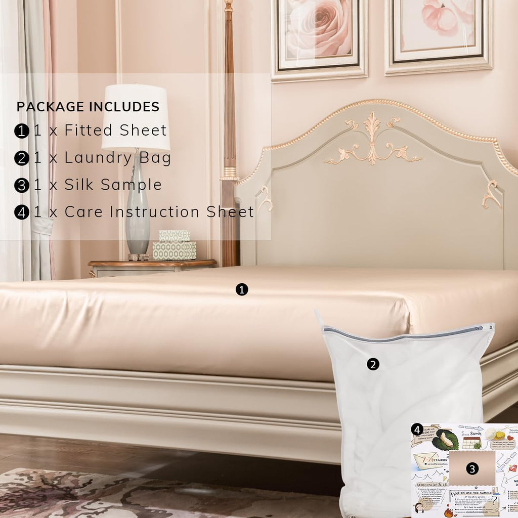 PROMEED 100% Mulberry Silk Queen Size Fitted Sheet ONLY, Premium 23 Momme Real Silk Bottom Bed Sheet 1pc with 16-Inch Deep Pocket (Champagne, Queen)