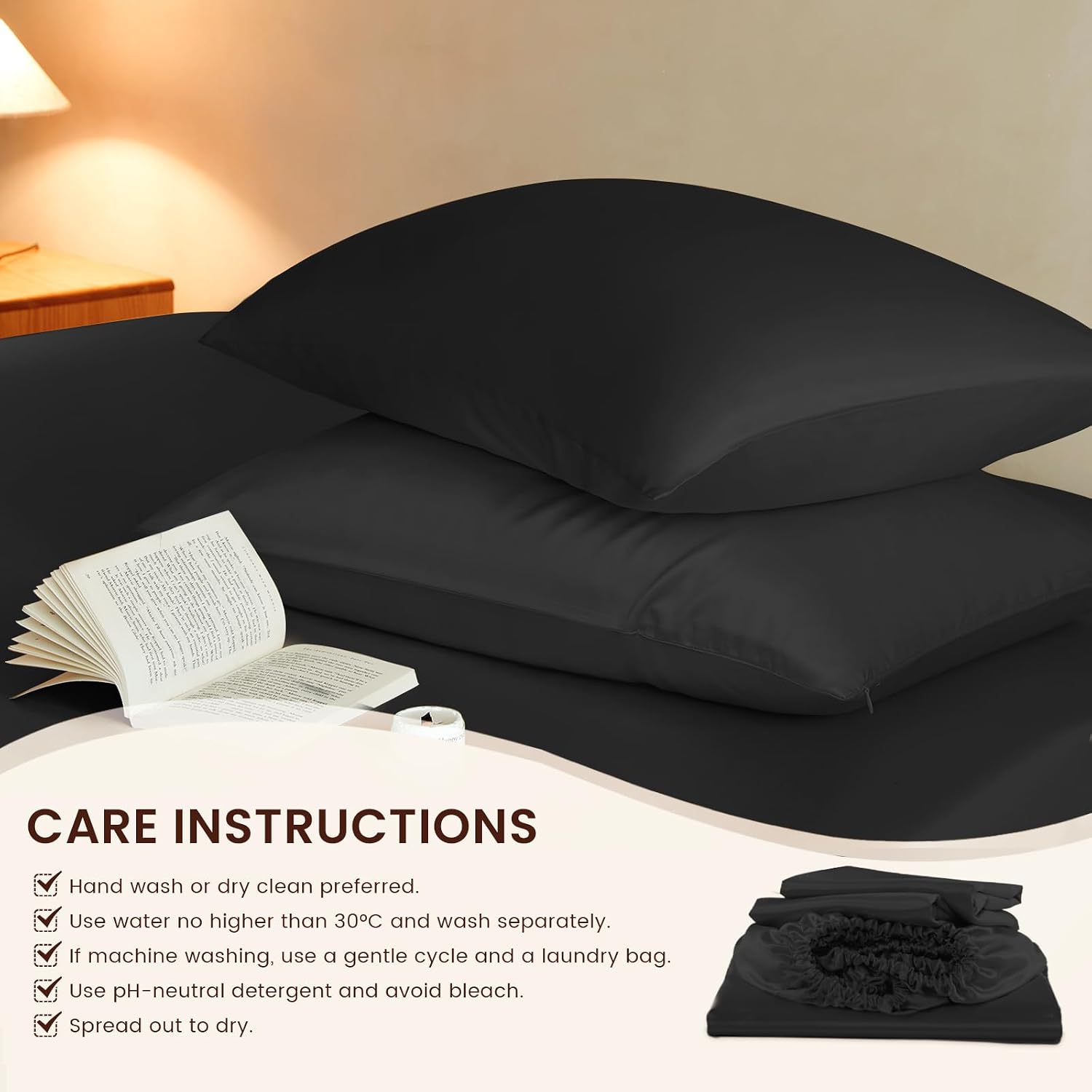 THXSILK Luxury Mulberry Silk Fitted Sheet Set 3 Pcs, Full Silk Bed Sheet Set with 16' Deep Pockets, Soft & Cooling Sheets, 1 Fitted Sheet, 2 Pillowcases with Zipper Closure - Black