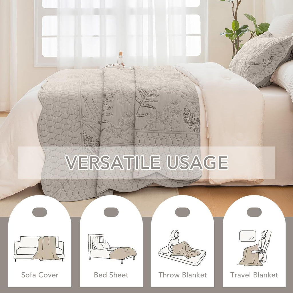 Lady Ann Oversized King Bedspread 128x120, Leaves Pattern Stitching Printed Quilt Set Soft & Lightweight Linen Feel Quilted Coverlet, 3 Pcs Extra Large Botanical Bedding Sets