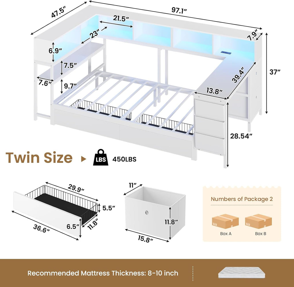DICTAC Corner Twin Bed Frame with Desk,Charging Station and Bookcase Storage Metal Platform Bed Frame with Storage Drawers and Led Lights Twin Size Daybed with Desk and Shelves for Kids/Teen,White