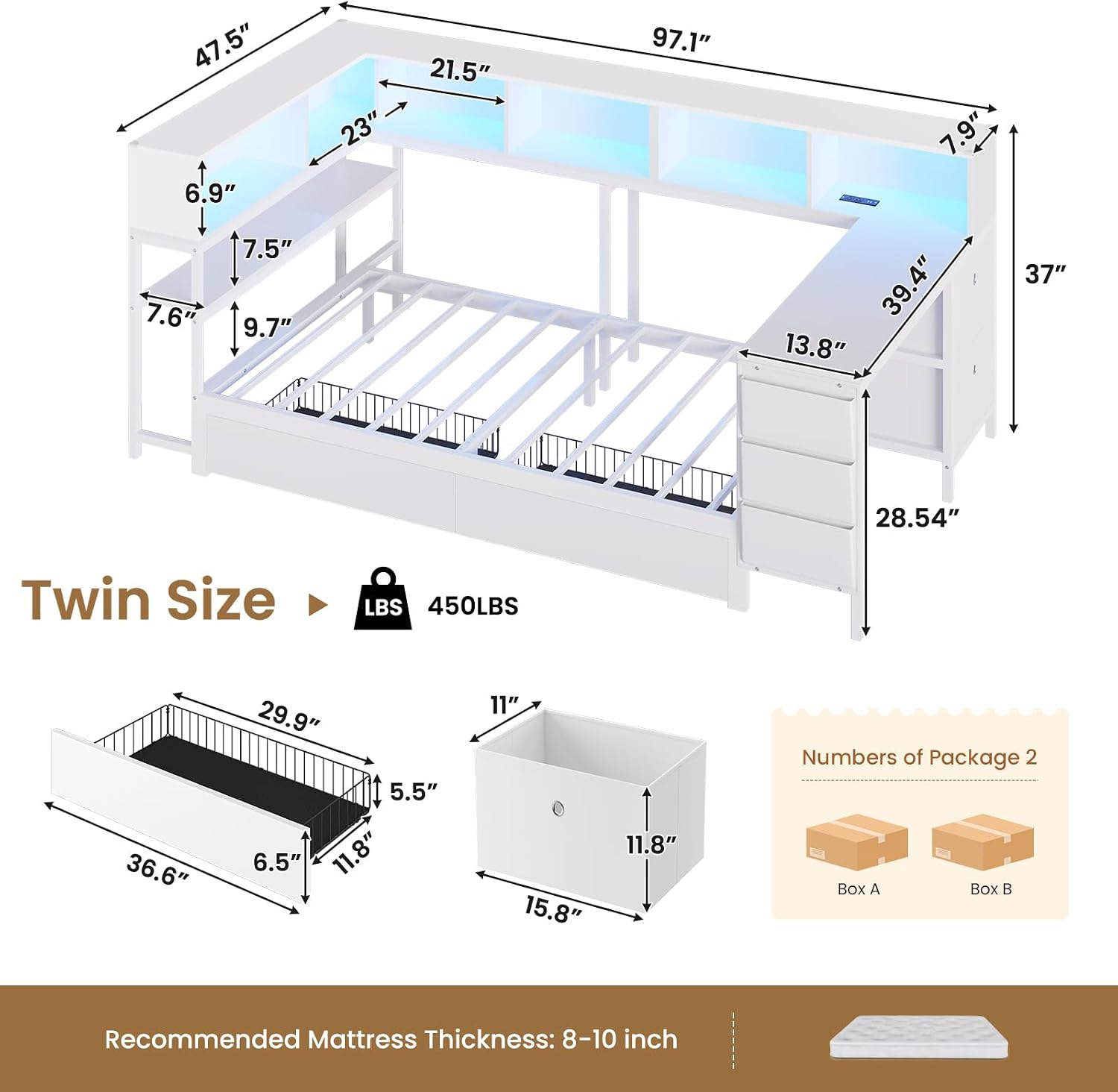 DICTAC Corner Twin Bed Frame with Desk,Charging Station and Bookcase Storage Metal Platform Bed Frame with Storage Drawers and Led Lights Twin Size Daybed with Desk and Shelves for Kids/Teen,White