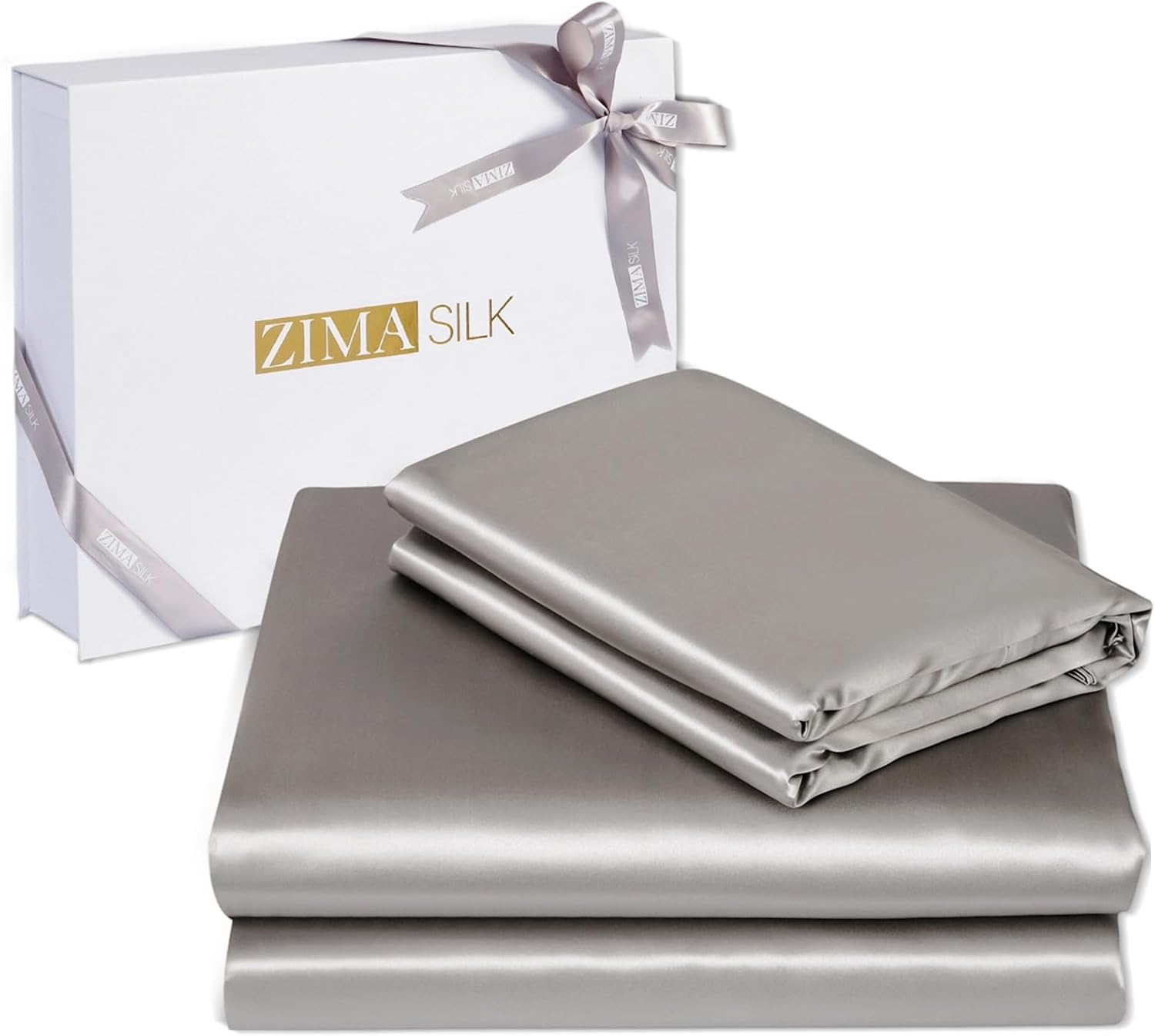ZIMASILK 100% 19 Momme Pure Mulberry Silk Bedding 4-Pieces Set for Sleeping, Soft, Breathable & Hypoallergenic,for Hair & Skin Care (Queen Gray)