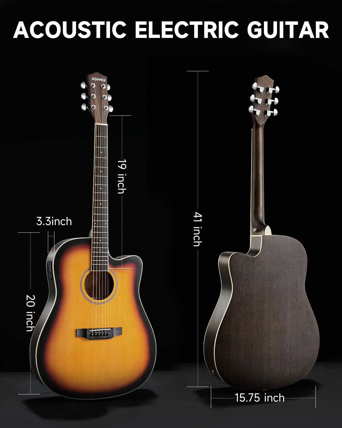 Donner 41-Inch Acoustic Electric Guitar Kit for Beginners, Full Size with Capo, Picks, Tuner, Strings, Strap - Sunbrust