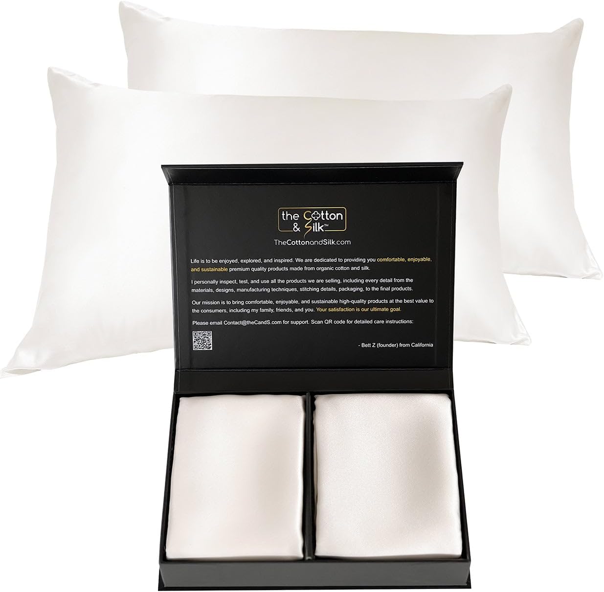 THE COTTON & SILK® 100% Mulberry Silk Pillowcases 2 Pack – 22 Momme, Highest Grade Silk Pillow Covers for Hair & Skin, Set of 2, Zipper Closure with White Piping – King Size, Cream