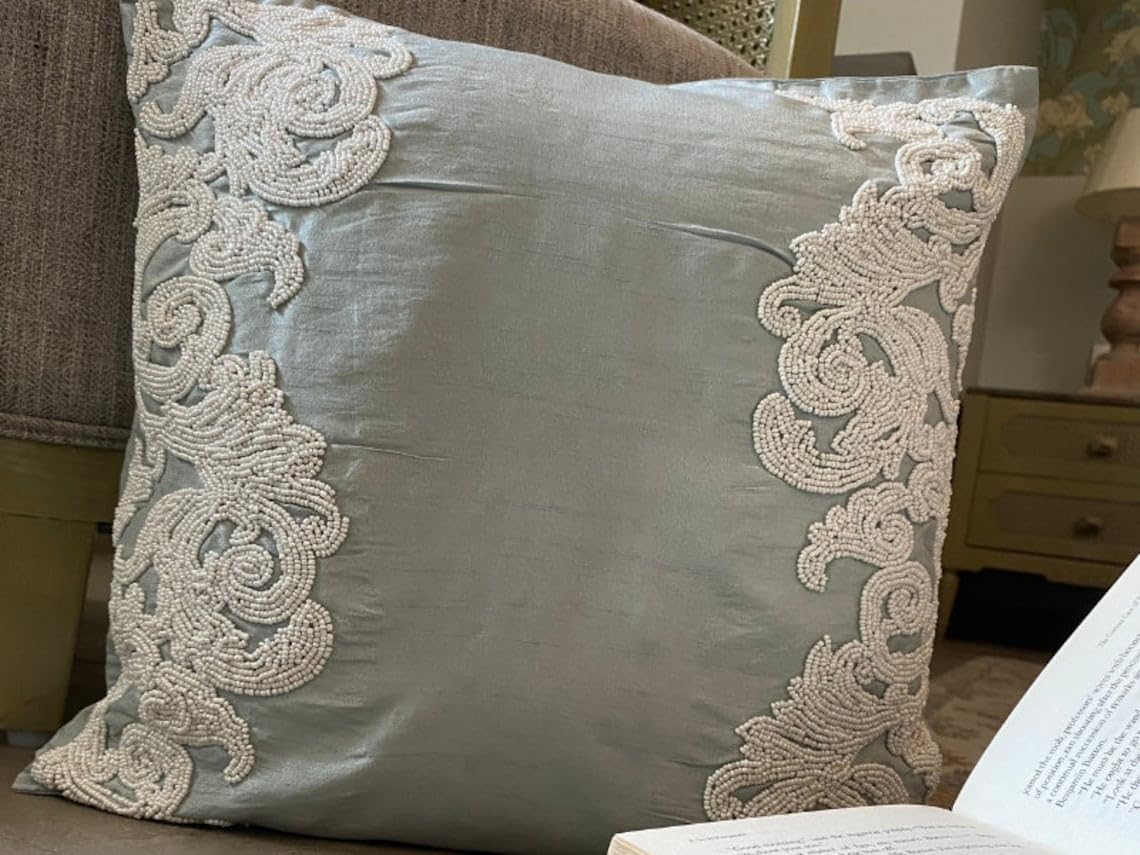 The HomeCentric Pack of 2 22x22 inch (55x55 cm) Pillow Case Light Blue Throw Pillow Cover Beaded Baroque French Toile Theme Pillow Cover Art Silk Square Pillow Cover Floral Victorian - White Waters