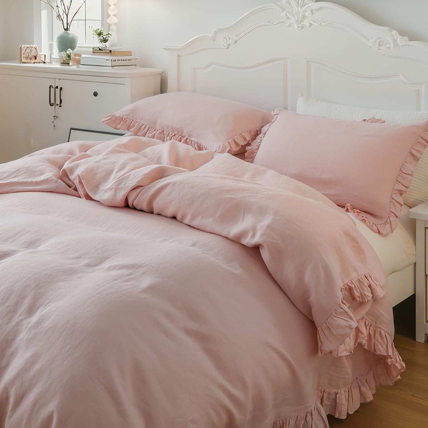 Simple&Opulence 100% Linen Duvet Cover Set, 3 PCS Natural French Flax Blush Pink Ruffle Duvet Cover Full Size, Breathable Comfy Linen Bedding Comforter Cover with 2 Pillowcases (Blush Pink, 78' X 86')