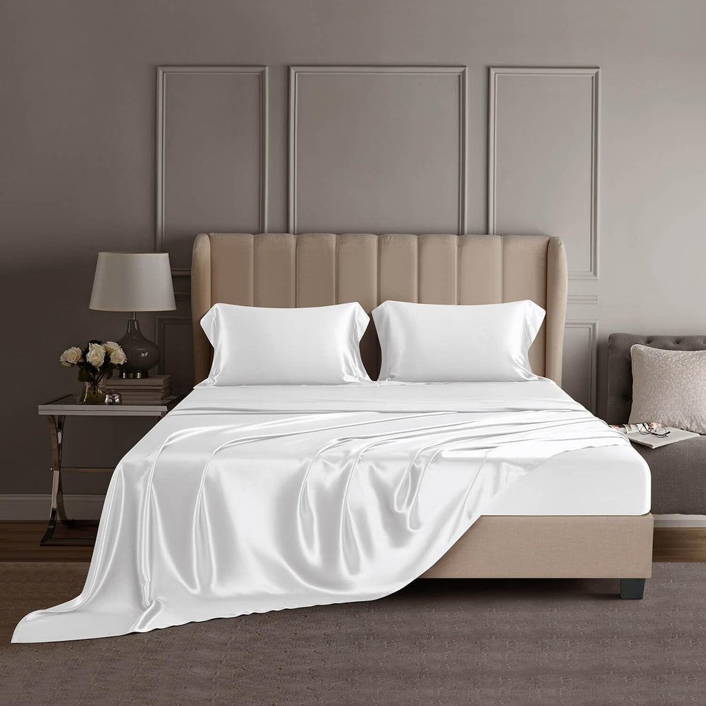 DISANGNI 22 Momme 100% Mulberry Silk Bedding Set - 4-Piece Luxury (2 Pillowcases, 1 Fitted Sheet, 1 Flat Sheet) - 6A Grade Natural Silk (Cream White, California King)