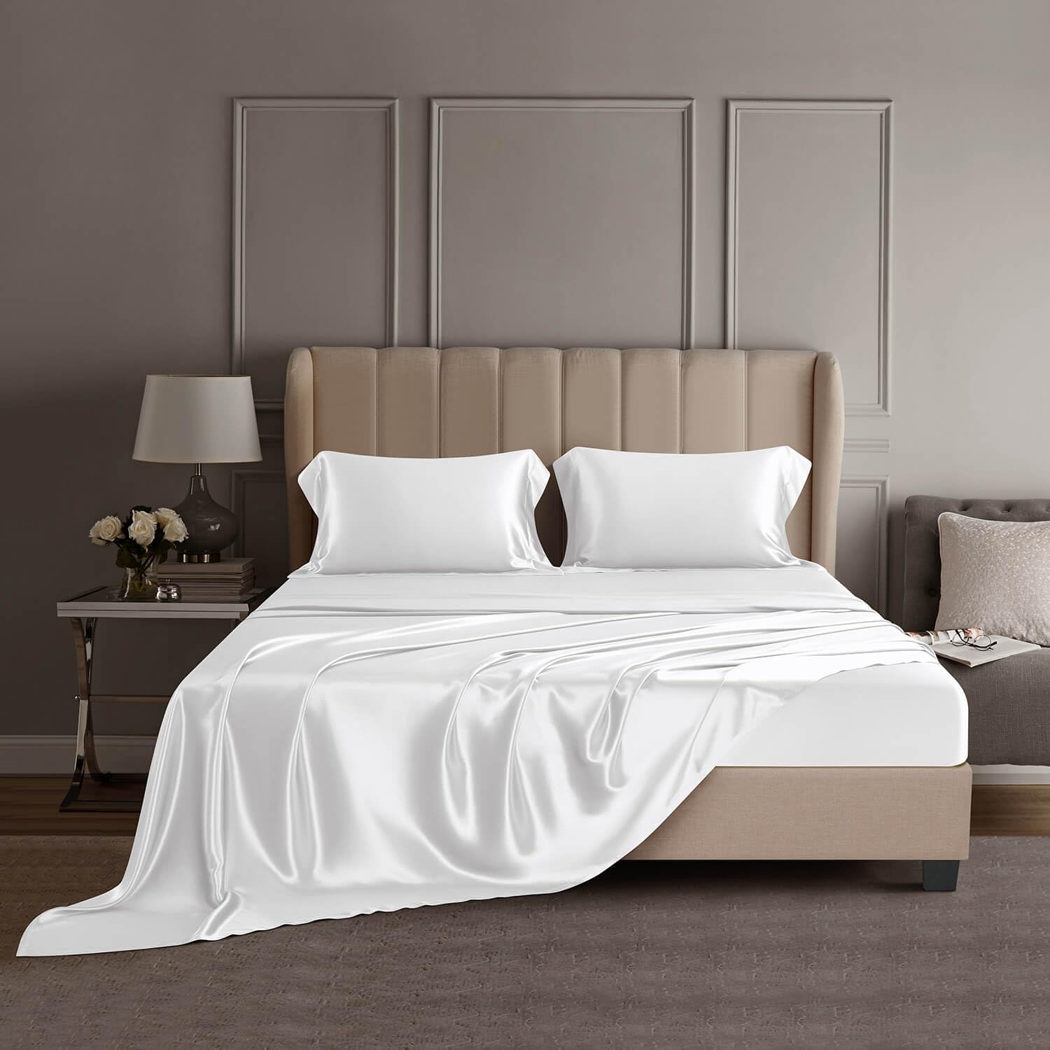 DISANGNI 22 Momme 100% Mulberry Silk Bedding Set - 4-Piece Luxury (2 Pillowcases, 1 Fitted Sheet, 1 Flat Sheet) - 6A Grade Natural Silk (Cream White, Full)